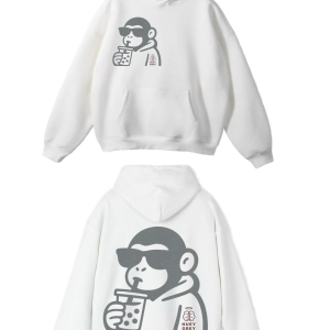 The "Monkey Sip" Oversized Hoodie – Arctic White Edition